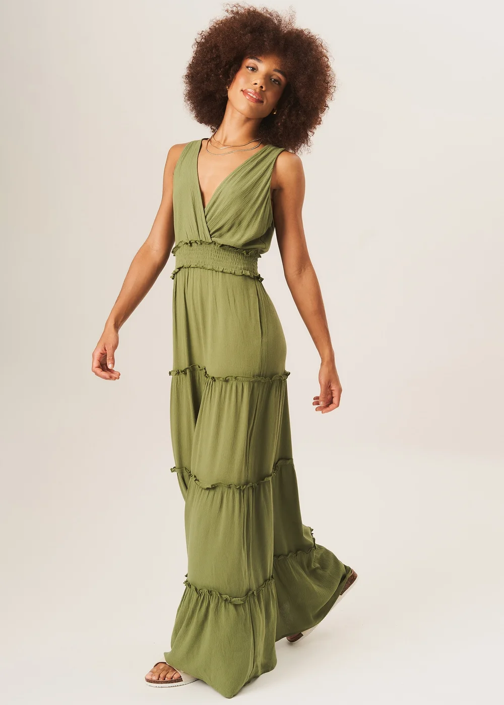 Gini London Khaki Shirred Waist Wrap Tiered Midi Dress - Size 8 Image 4