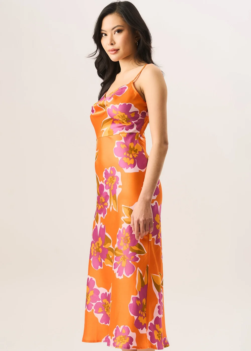 Gini London Orange Floral Print Cowl Neck Slip Midi Dress - 8 Image 3