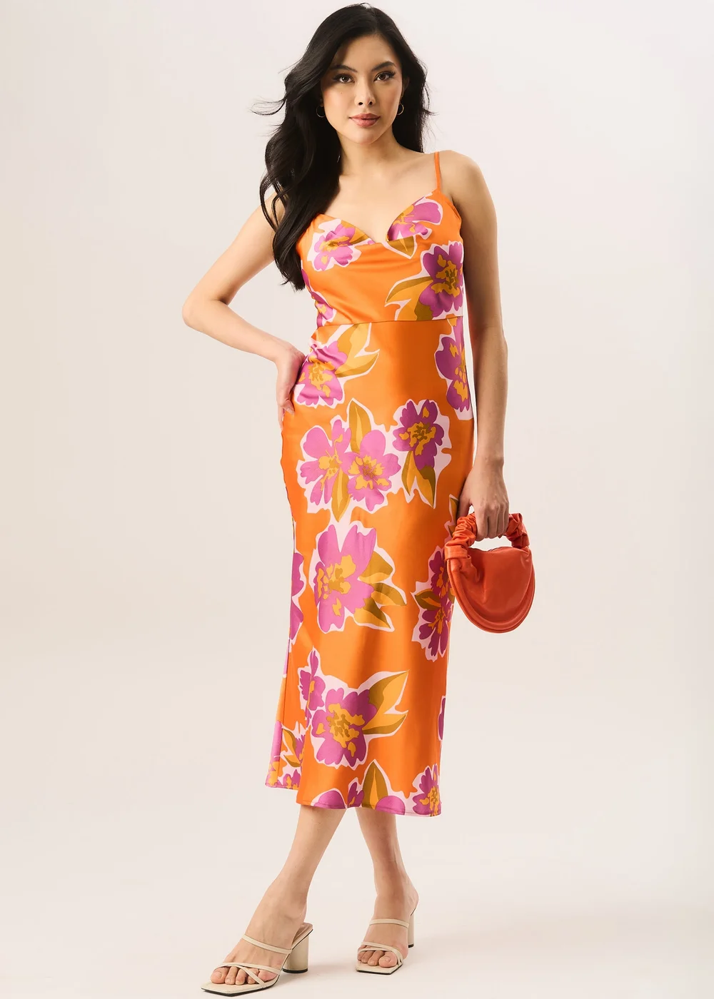 Gini London Orange Floral Print Cowl Neck Slip Midi Dress - 8 Image 1