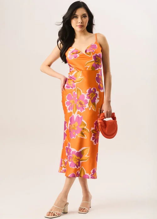 Gini London Orange Floral Print Cowl Neck Slip Midi Dress - 8 Image 1