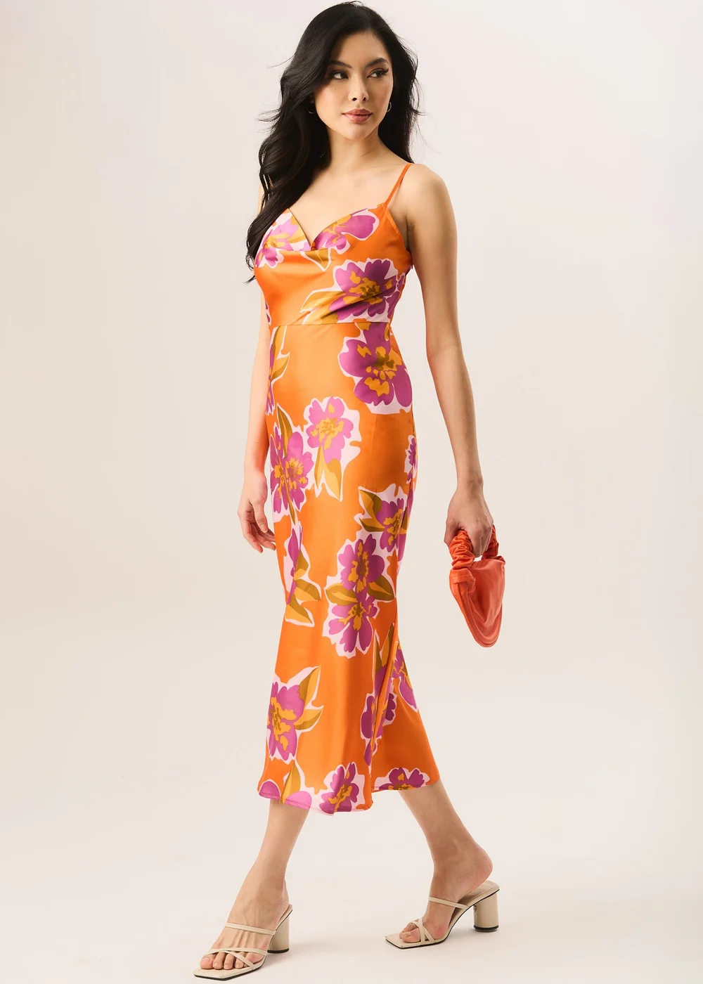 Gini London Orange Floral Print Cowl Neck Slip Midi Dress - 8 Image 4