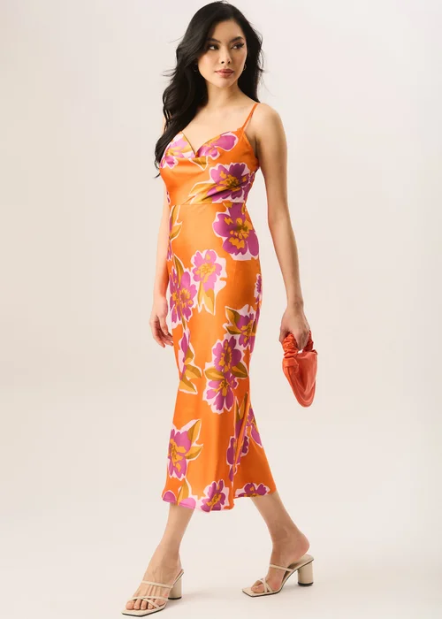 Gini London Orange Floral Print Cowl Neck Slip Midi Dress - 8 Image 4