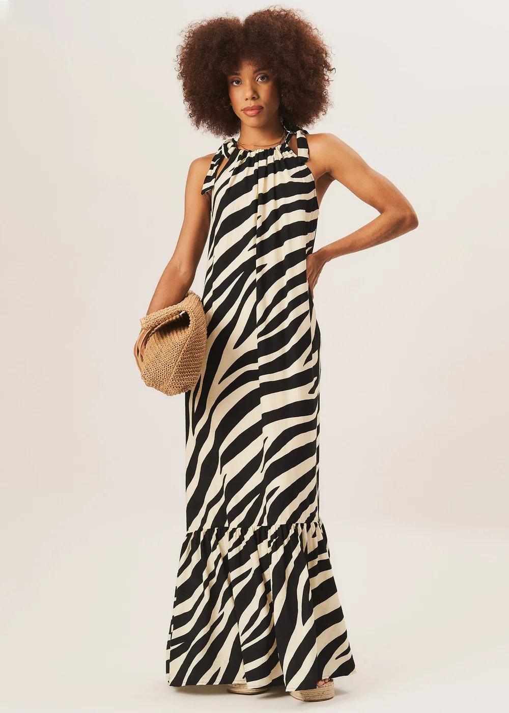 Gini London Mono Zebra Print Tie Shoulder Maxi Dress - S/M Image 1