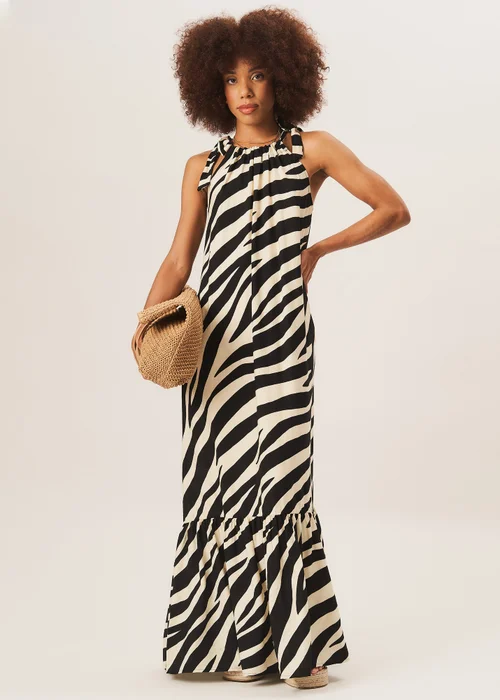 Gini London Mono Zebra Print Tie Shoulder Maxi Dress - S/M Image 1