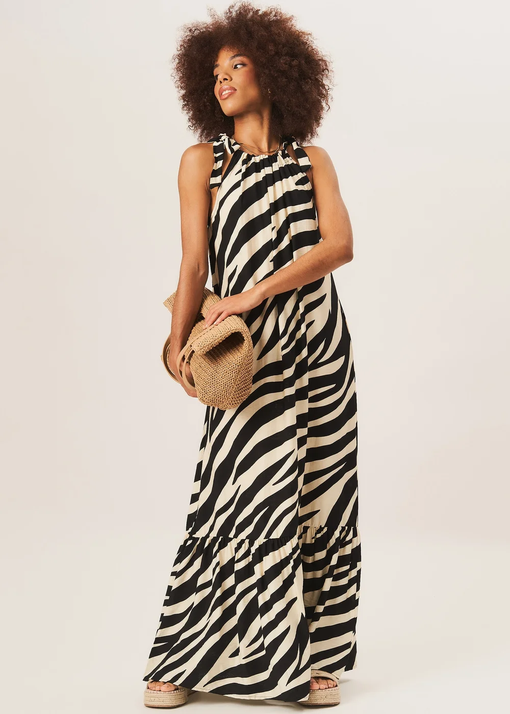 Gini London Mono Zebra Print Tie Shoulder Maxi Dress - S/M Image 4