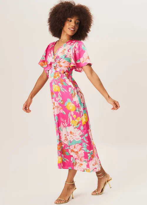 Gini London Pink Floral Print Angel Sleeves Midi Dress - 10 Image 4