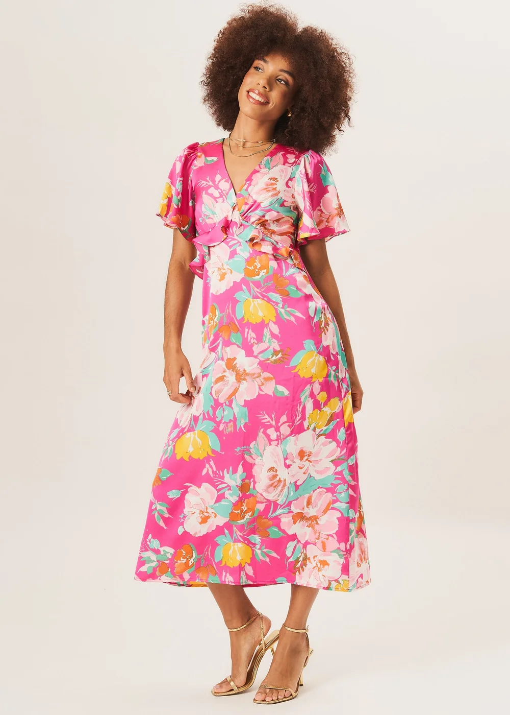 Gini London Pink Floral Print Angel Sleeves Midi Dress - 10 Image 1