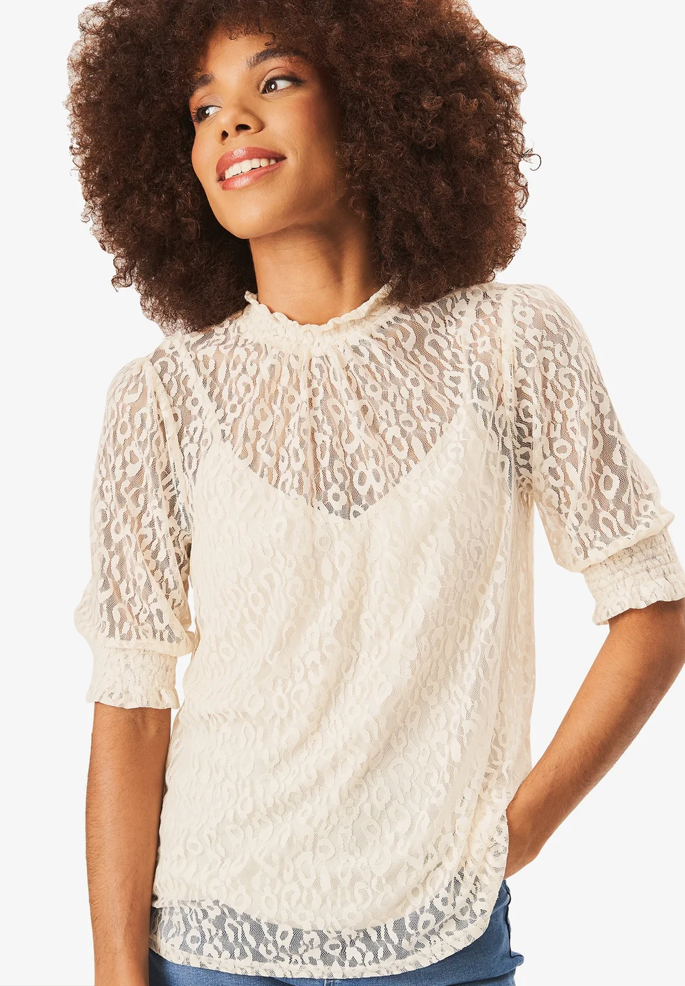 Gini London Cream High Neck Lace Loose Fit Blouse - 8 Image 4