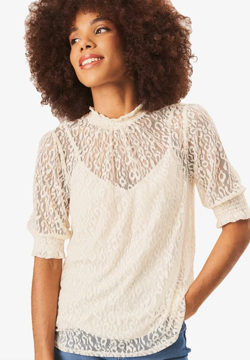 Gini London Cream High Neck Lace Loose Fit Blouse - 8 Image 4