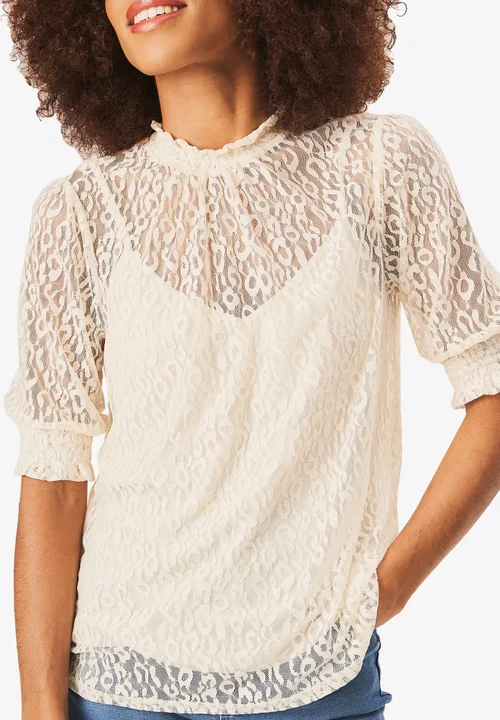 Gini London Cream High Neck Lace Loose Fit Blouse - 8 Image 1