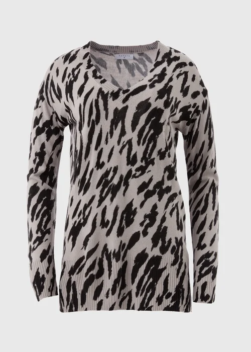 Grey Leopard Print V-Neck Jumper - 8 Image 5