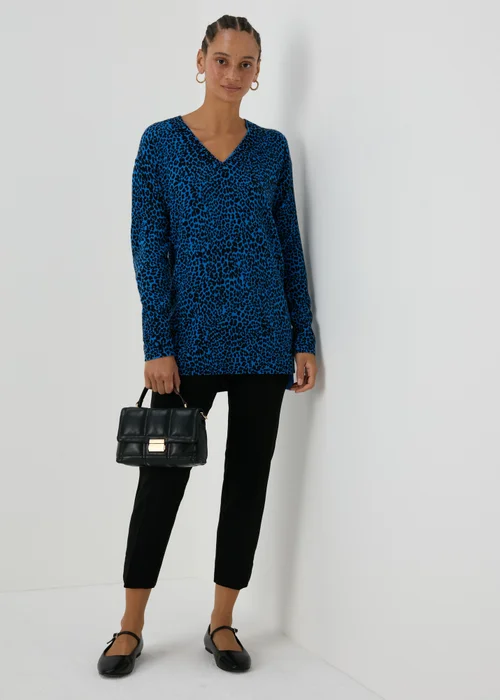Blue Leopard Print V-Neck Jumper - 8 Image 4
