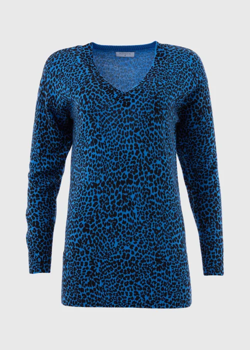 Blue Leopard Print V-Neck Jumper - 8 Image 5