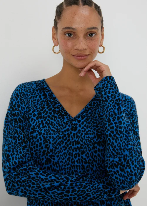 Blue Leopard Print V-Neck Jumper - 8 Image 3