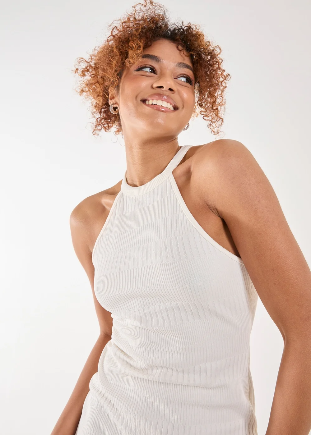 Pink Vanilla White Ribbed Texture Racer Midi Dress - 6 Image 3