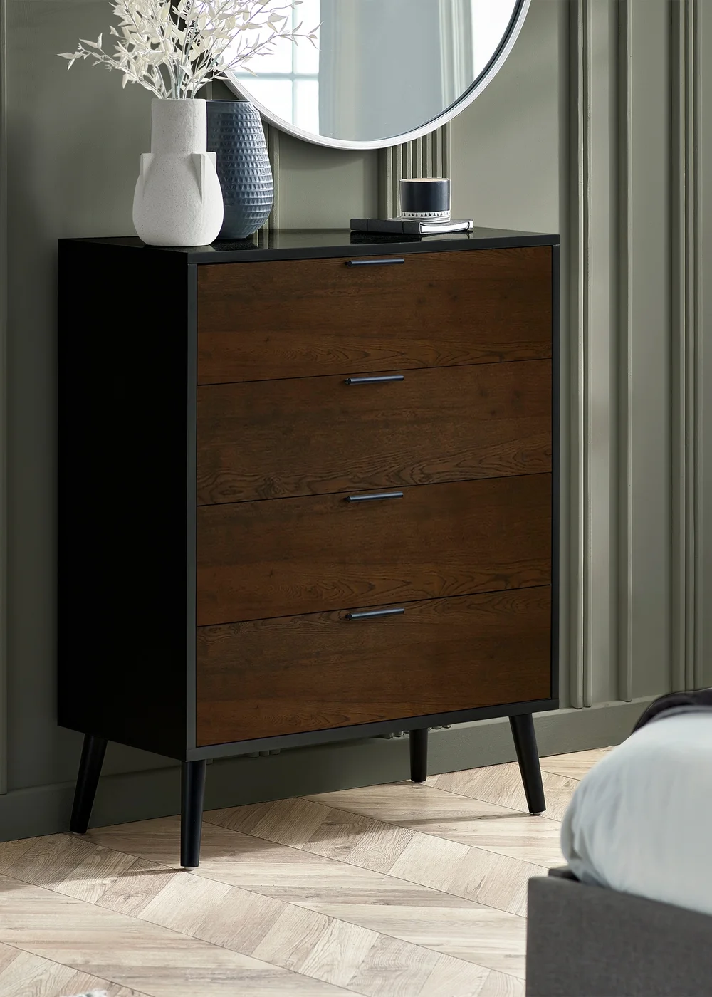 Julian Bowen Alba 4 Drawer Wide Chest in Walnut and Black (100.5 x 78 x 40cm) - One Size Image 1