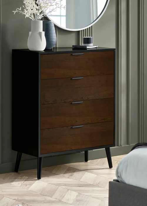 Julian Bowen Alba 4 Drawer Wide Chest in Walnut and Black (100.5 x 78 x 40cm) - One Size Image 1