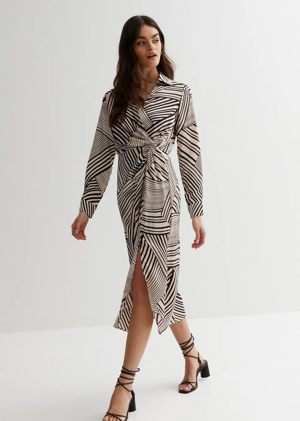 Gini London Tan Geo Print Collar Midi Wrap Dress - Size 8 Image 4