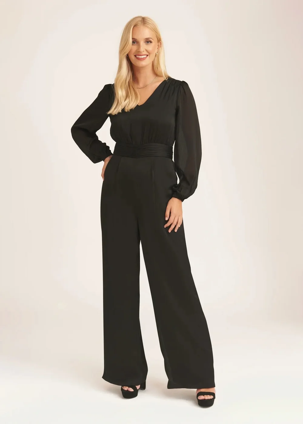 Gini London Black V Neck Satin Belted Wide Leg Jumpsuit - Size 8 Image 1