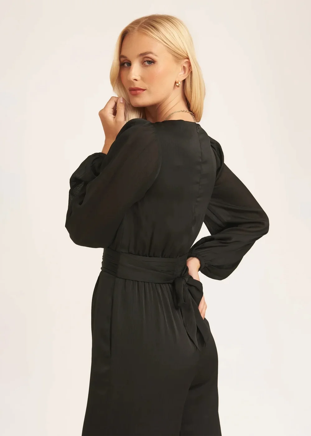 Gini London Black V Neck Satin Belted Wide Leg Jumpsuit - Size 8 Image 2