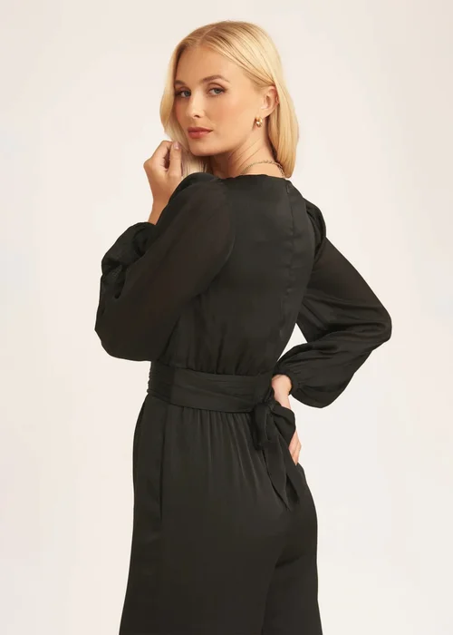 Gini London Black V Neck Satin Belted Wide Leg Jumpsuit - Size 8 Image 2
