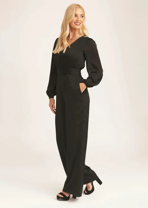 Gini London Black V Neck Satin Belted Wide Leg Jumpsuit - Size 8 Image 4