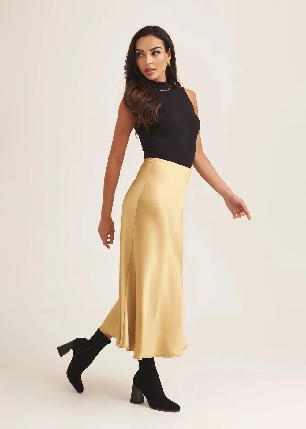 Gini London Sandy Gold Satin Bias Cut Midi Skirt - 8 Image 4