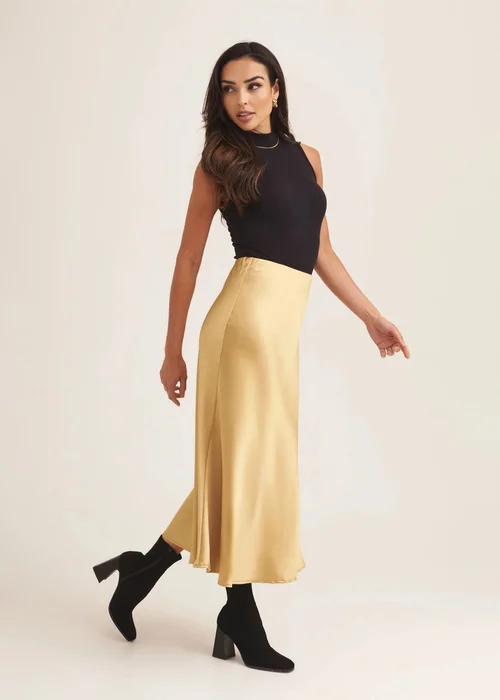 Gini London Sandy Gold Satin Bias Cut Midi Skirt - 8 Image 4