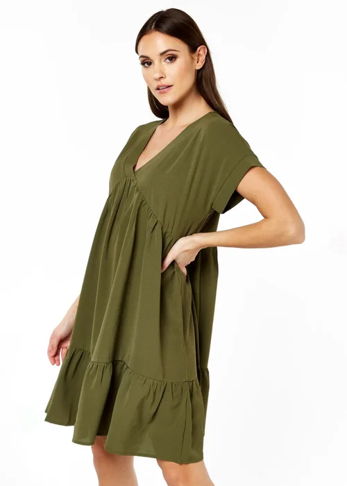 Gini London Khaki V-Neck Tiered Mini Smock Dress - Small/Medium Image 4