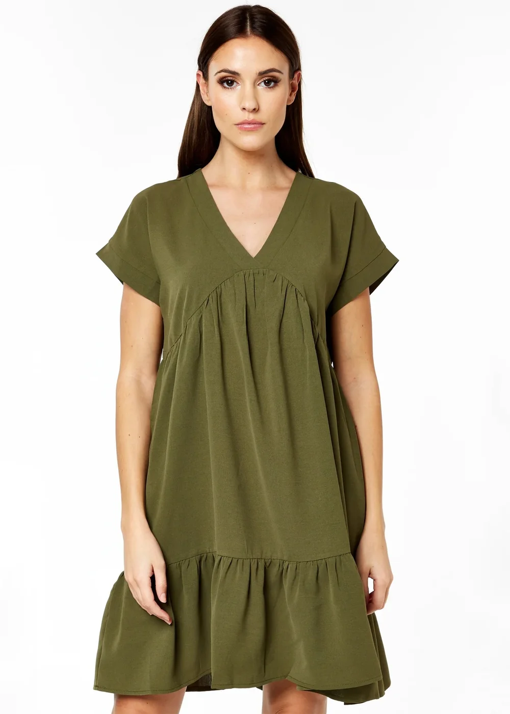 Gini London Khaki V-Neck Tiered Mini Smock Dress - Small/Medium Image 1