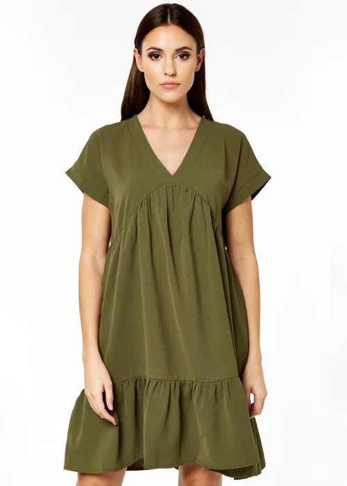 Gini London Khaki V-Neck Tiered Mini Smock Dress - Small/Medium Image 1