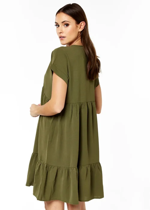 Gini London Khaki V-Neck Tiered Mini Smock Dress - Small/Medium Image 2
