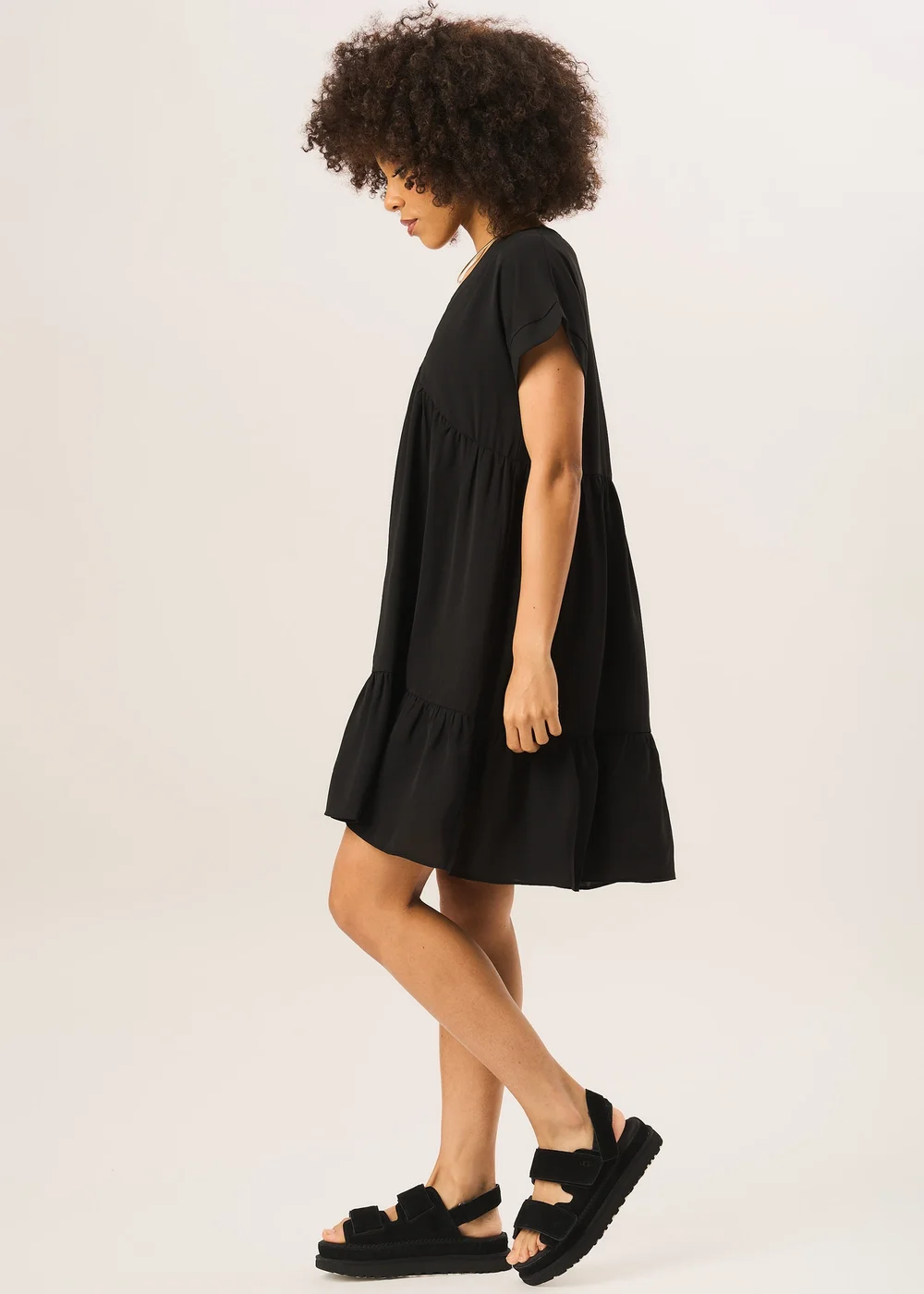 Gini London Black V-Neck Tiered Mini Smock Dress - Small/Medium Image 4