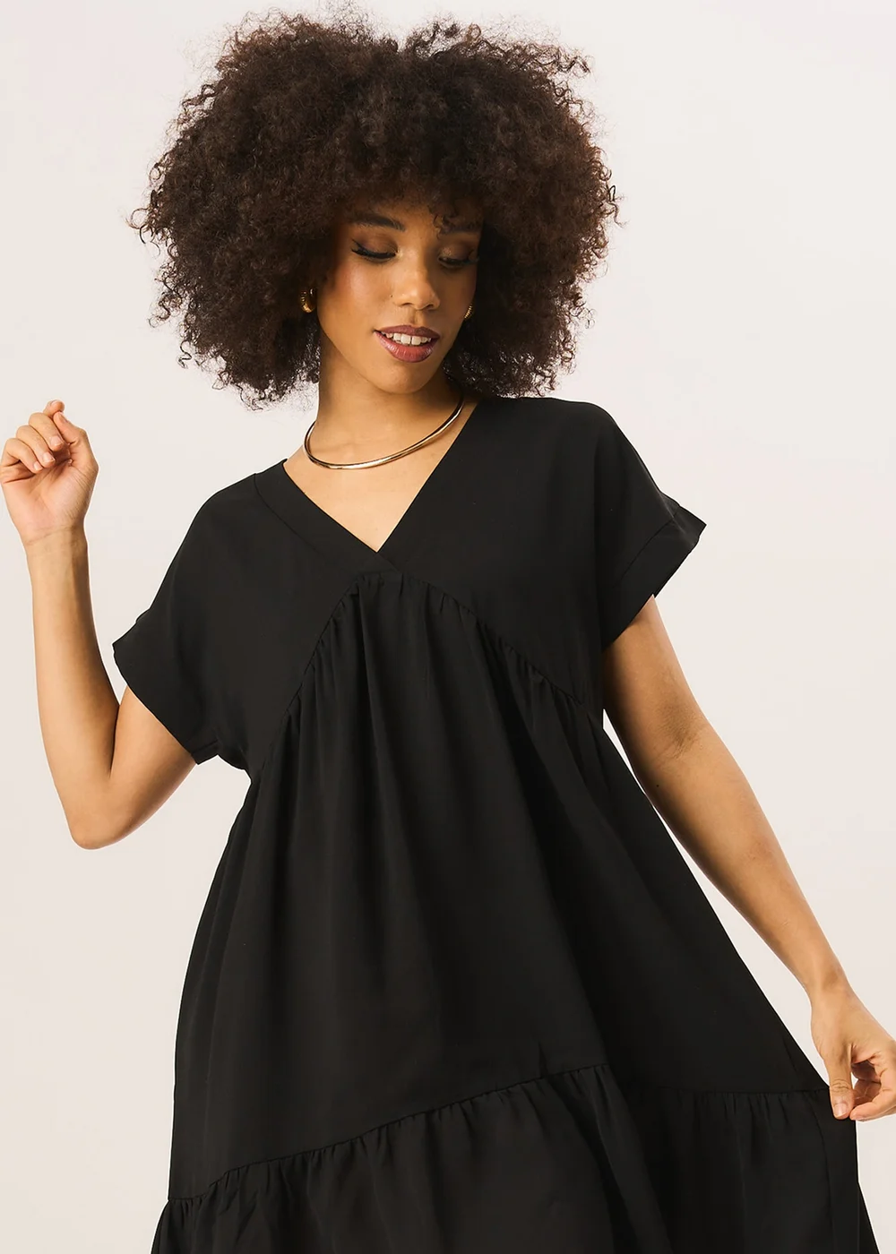Gini London Black V-Neck Tiered Mini Smock Dress - Small/Medium Image 3