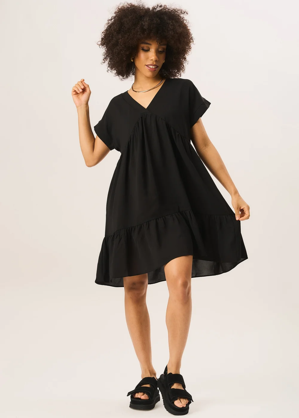 Gini London Black V-Neck Tiered Mini Smock Dress - Small/Medium Image 1