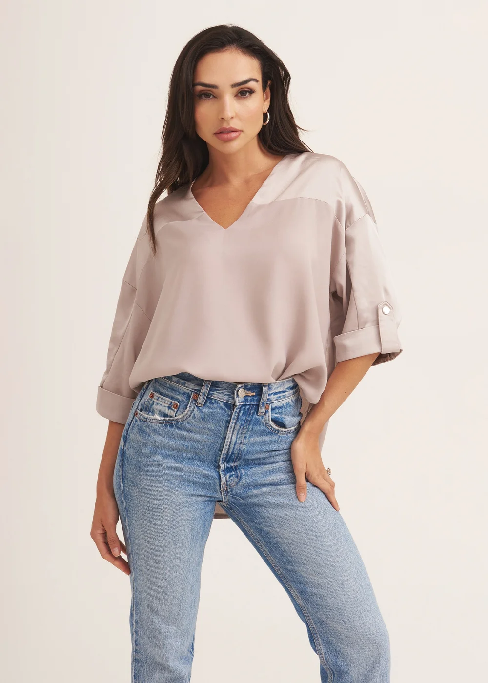 Gini London Gun Metal V Neckline Button Up Oversized Top - S/M Image 1