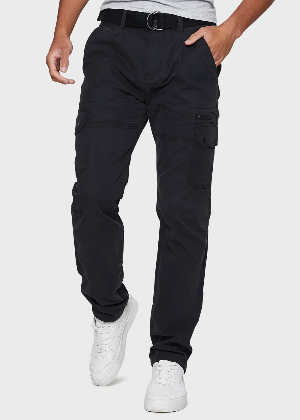 Threadbare Black Pane Belted Cargo Trousers - 30 waist 32 leg Image 1