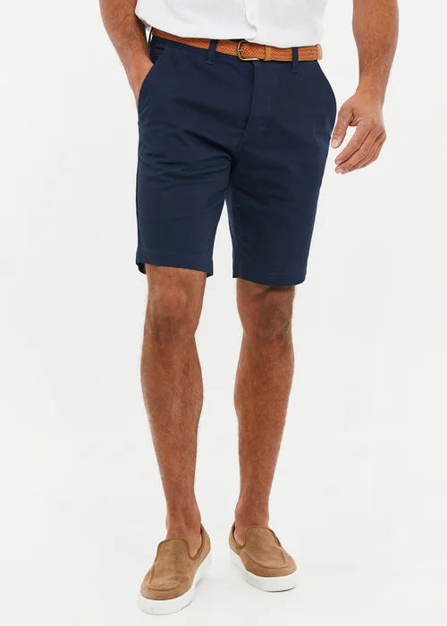 Threadbare Navy Cotton Turn-Up Chino Shorts with Woven Belt - 30 W Image 1