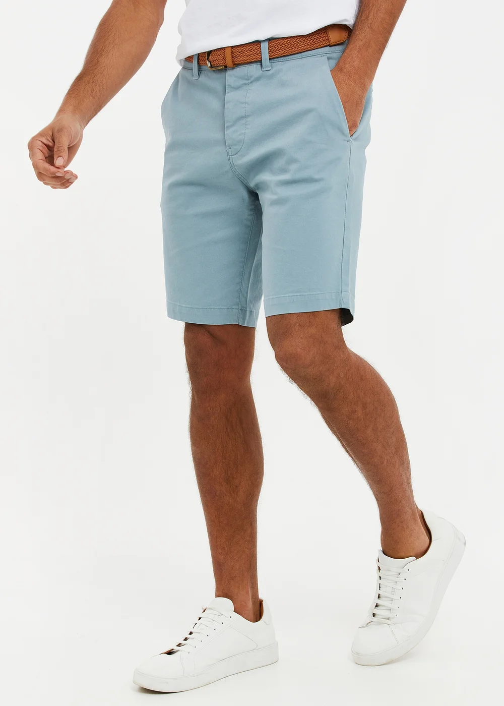 Threadbare Duck Egg Cotton Turn-Up Chino Shorts with Woven Belt - 30 W Image 1