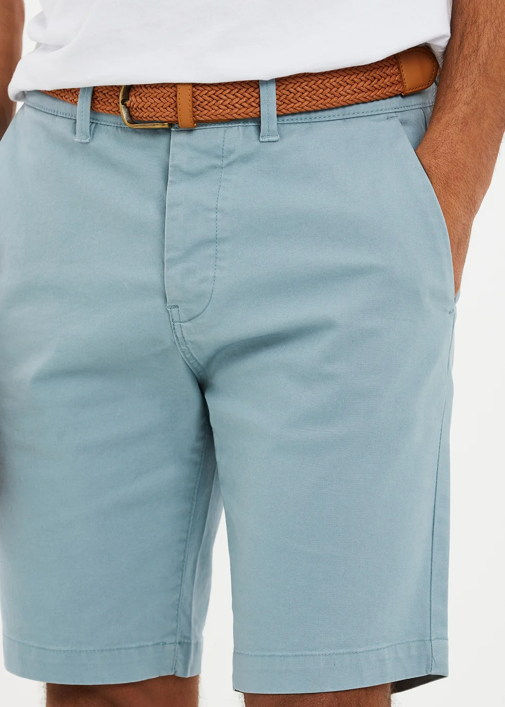 Threadbare Duck Egg Cotton Turn-Up Chino Shorts with Woven Belt - 30 W Image 3