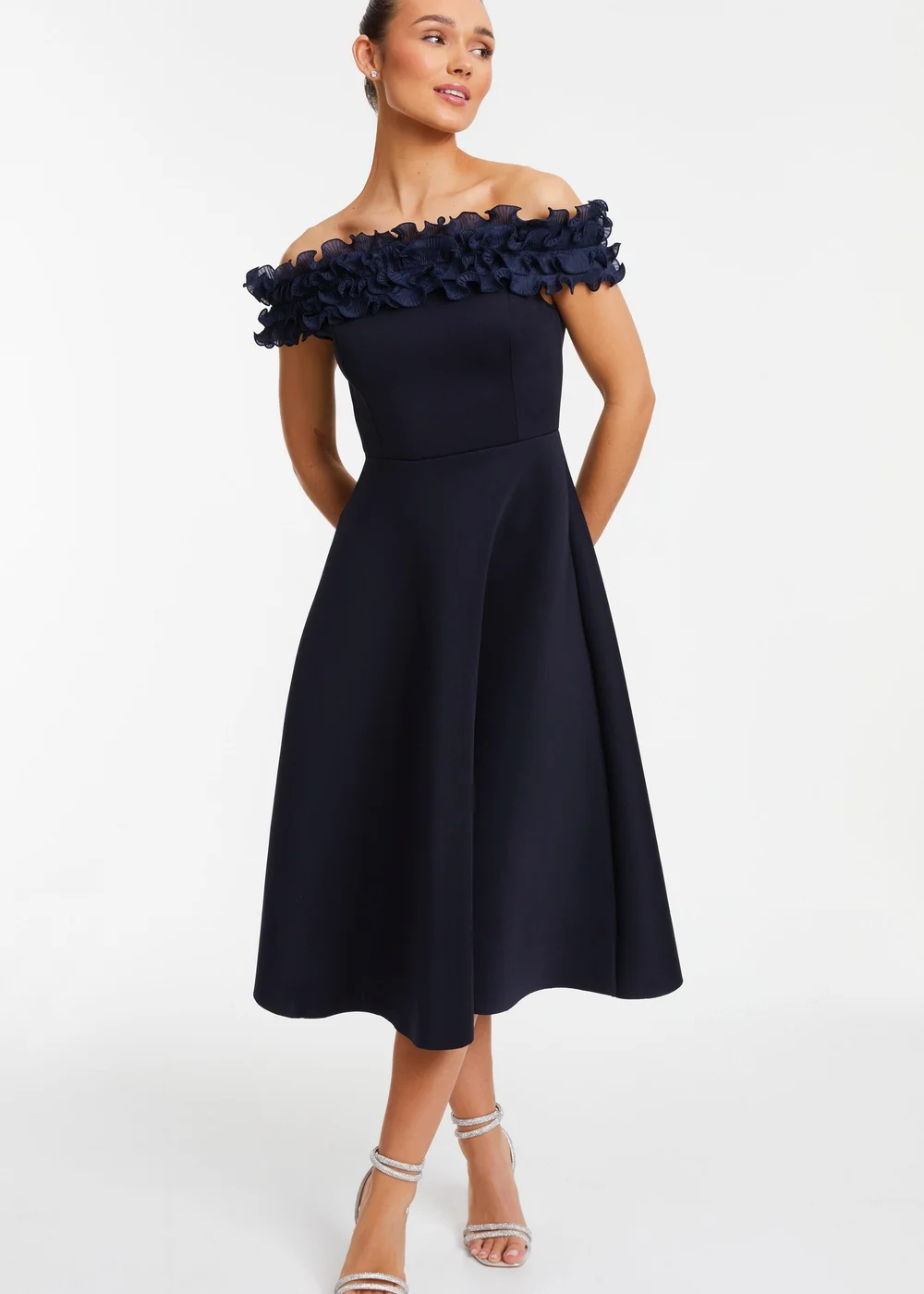 Quiz Blue Bardot Ruffle Skater Midi Dress - 8 Image 1