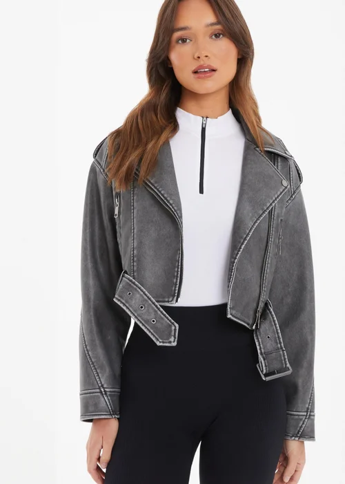 Quiz Grey Faux Leather Oversized Biker Jacket - XS Image 1