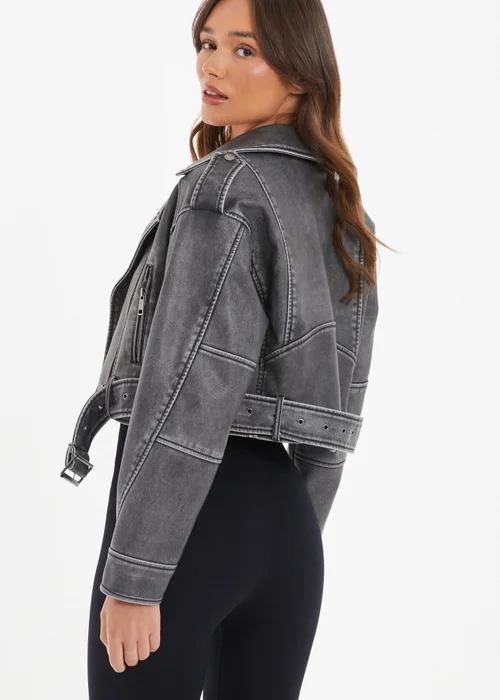 Quiz Grey Faux Leather Oversized Biker Jacket - XS Image 2