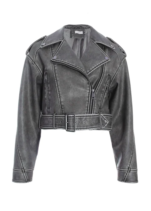 Quiz Grey Faux Leather Oversized Biker Jacket - XS Image 4