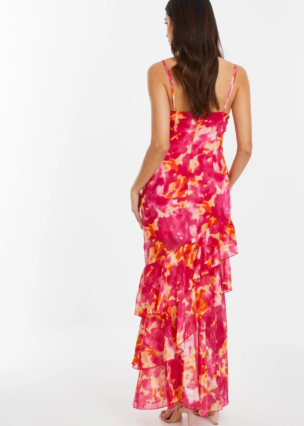 Quiz Pink Abstract Print Chiffon Frill Hem Maxi Dress - 8 Image 2
