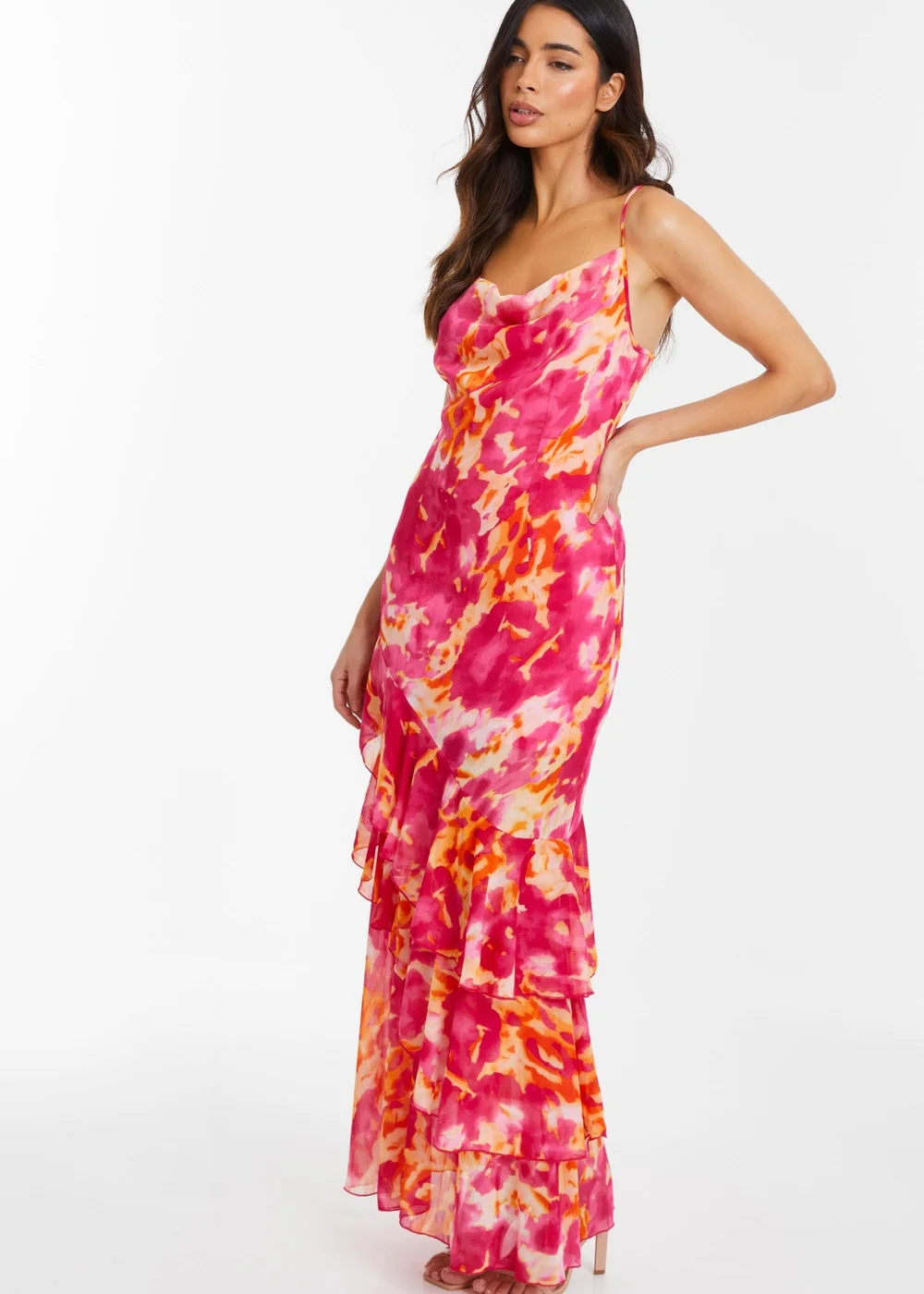 Quiz Pink Abstract Print Chiffon Frill Hem Maxi Dress - 8 Image 3