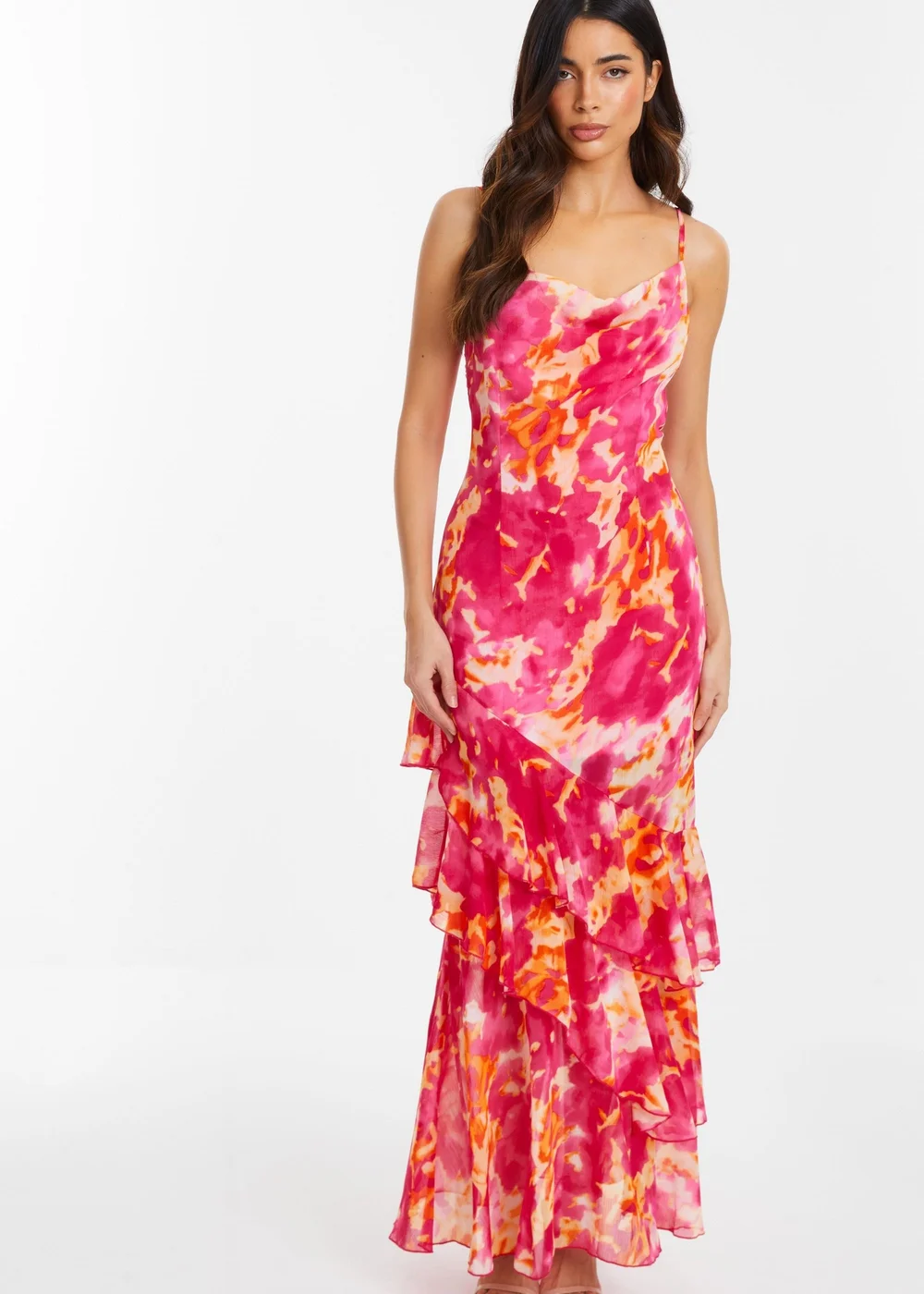 Quiz Pink Abstract Print Chiffon Frill Hem Maxi Dress - 8 Image 1