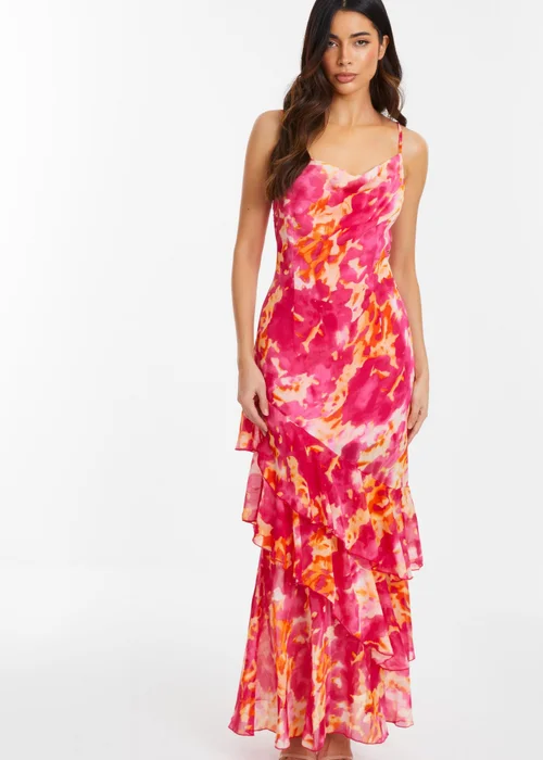 Quiz Pink Abstract Print Chiffon Frill Hem Maxi Dress - 8 Image 1