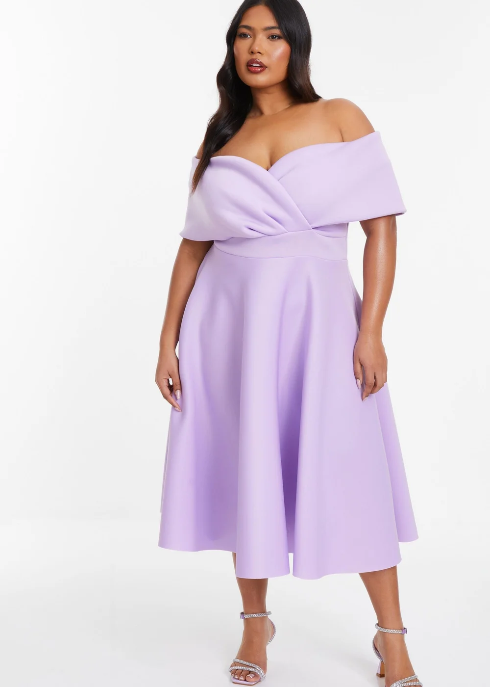 quiz purple dress Quiz Purple Glitter Bardot Ruched Maxi Dress - 8