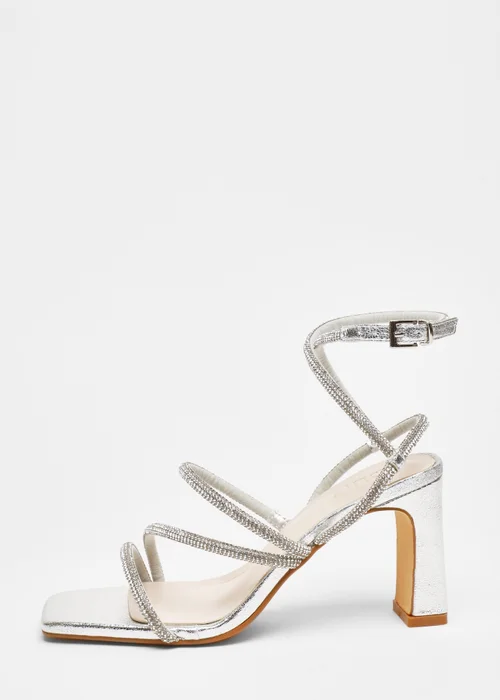 Quiz Silver Diamante Strappy Block Heeled Sandals - 3 Image 3
